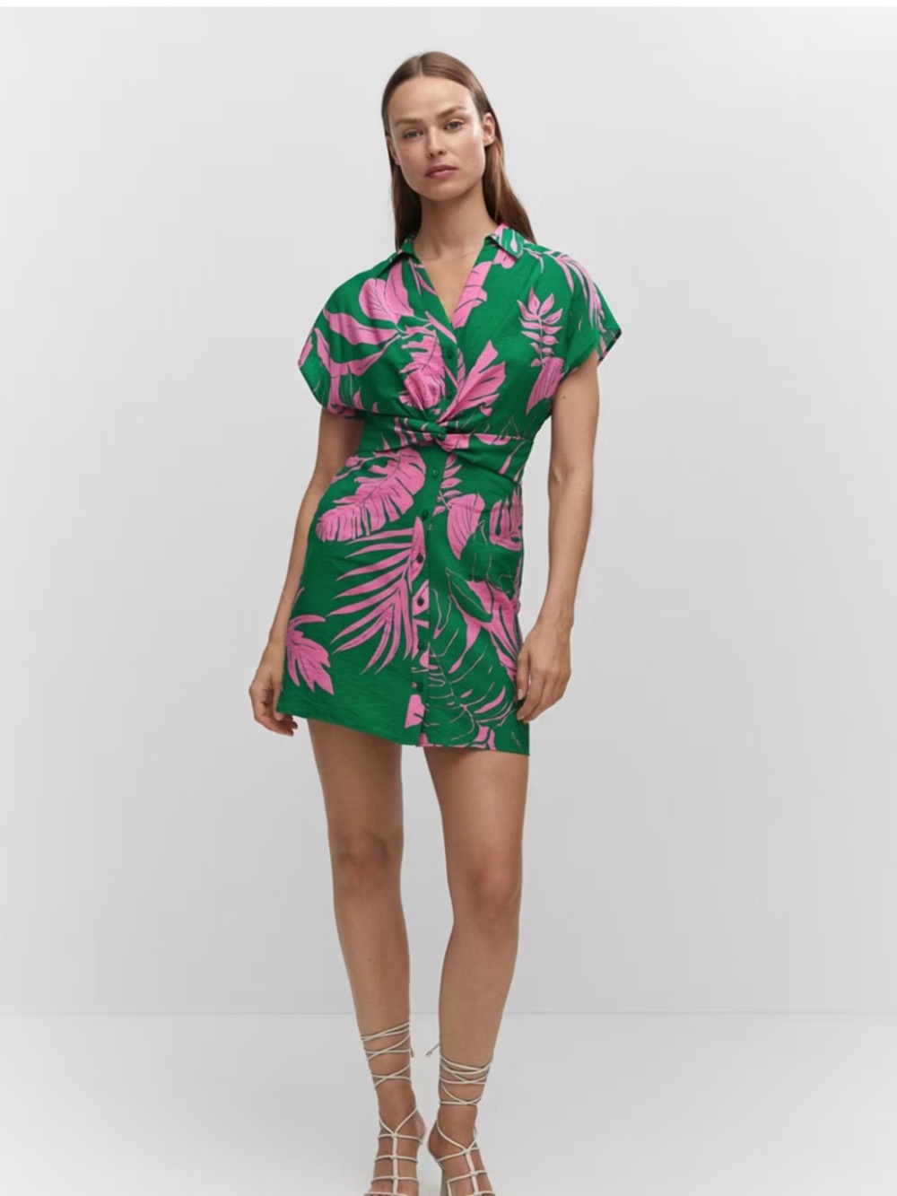Green & Pink Tropical Print Mini Dress